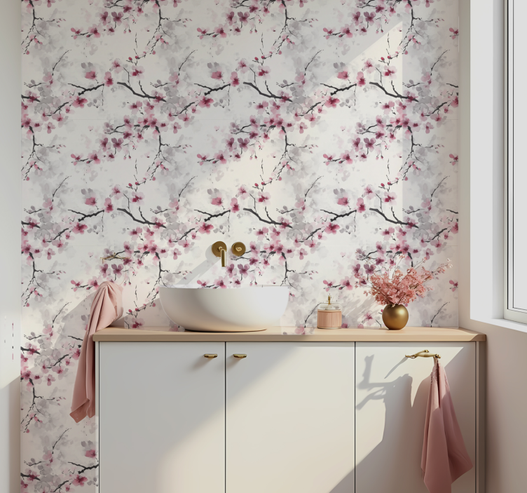 Papier peint salle de bain fond d'écran de fleurs de cerisier ros - TenStickers