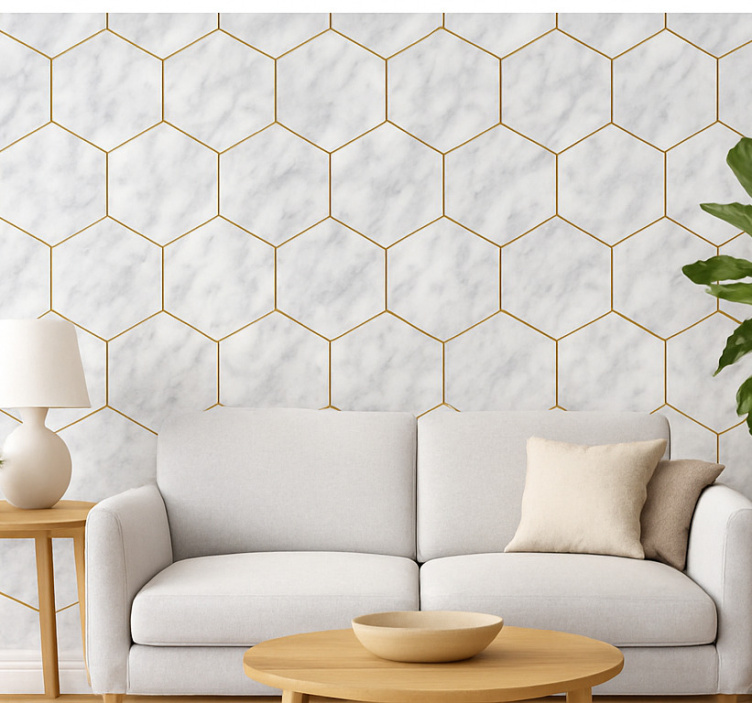Papier peint salon carrelage en marbre hexagonal - TenStickers