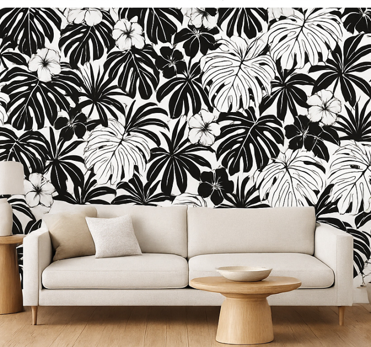 Papier peint salon feuilles de palmier noir et blanc - TenStickers