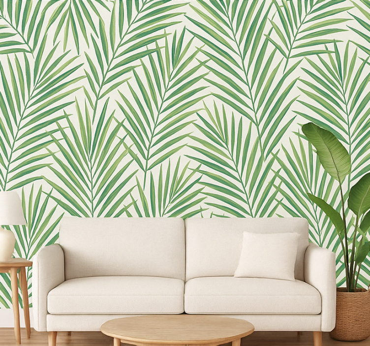 Papier peint salon feuilles vertes tropicales fines - TenStickers