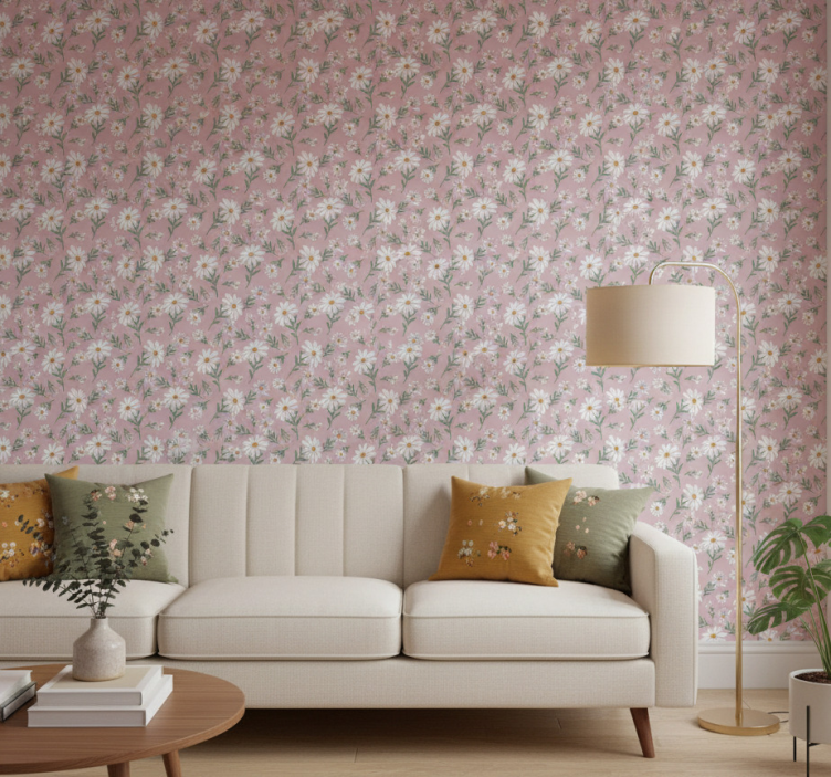 Papier peint salon fleur marguerite rose années 70 - TenStickers