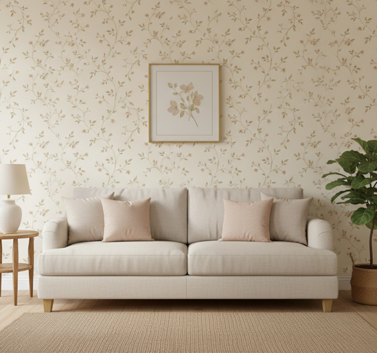 Papier peint salon fond blanc avec fleurs - TenStickers