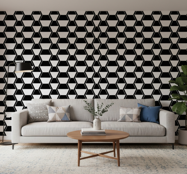 Papier peint salon hexagones noir et blanc cosmopolite - TenStickers