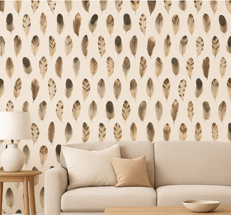 Papier peint salon motif plumes organiques - TenStickers