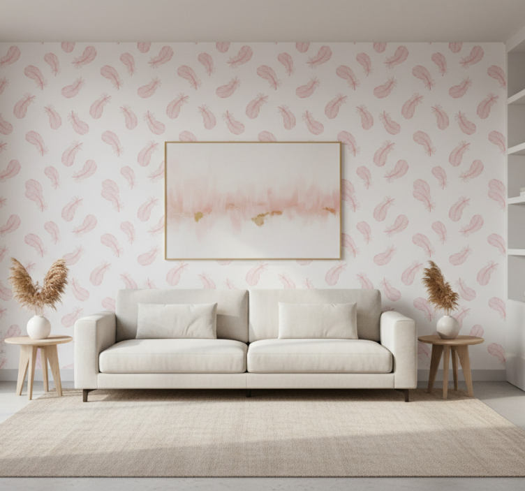 Papier peint salon motif plumes roses - TenStickers