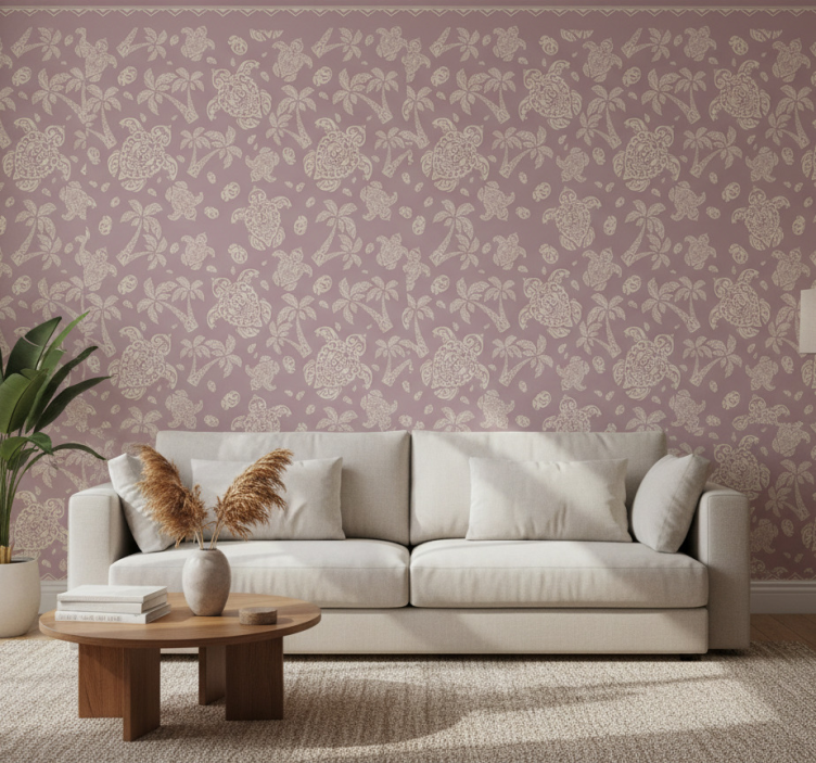 Papier peint salon motif tortue hawaïenne et palmiers - TenStickers