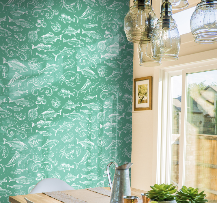 Papier peint vert Poissons dessinés à la main - TenStickers