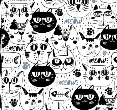 Papier peint chambre fille Visages de chat noir blanc - TenStickers