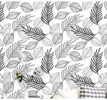 Papier peint dessin de feuilles noir et blanc - TenStickers