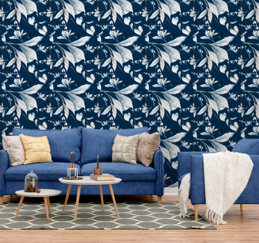 Papier peint bleu foncé feuilles blanches - TenStickers
