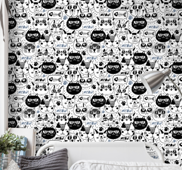 Papier peint chambre fille Visages de chat noir blanc - TenStickers