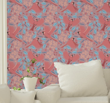 Papier peint nature oiseaux et feuilles d'arbres sur fond rosé - TenStickers