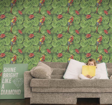 Papier peint perroquets colorés sur feuilles vertes - TenStickers