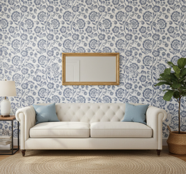 Papier peint classique fleurs bleues fond blanc - TenStickers