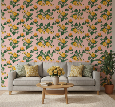 Papier peint classique roses jaunes et feuilles vertes - TenStickers