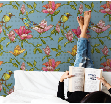 Papier peint fleurs oiseaux exotiques fond bleu - TenStickers