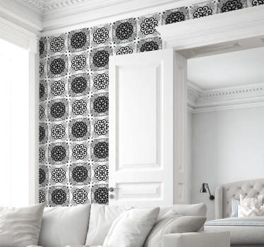 Papier peint carrelage mural ornements noirs et gris - TenStickers
