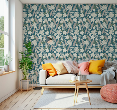 Papier peint salon dessin de feuilles tropicales - TenStickers