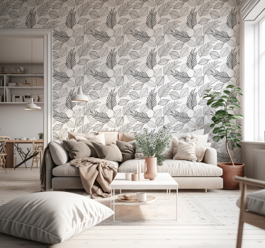 Papier peint dessin de feuilles noir et blanc - TenStickers