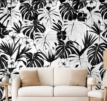 Papier peint salon feuilles de palmier noir et blanc - TenStickers