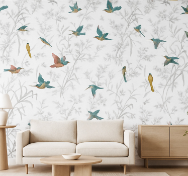 Papier peint salon motif oiseaux et feuilles - TenStickers