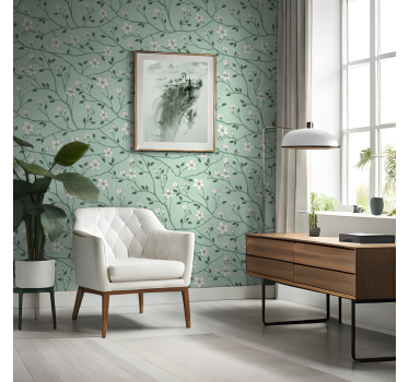 Papier peint vert menthe fleurs et branches - TenStickers